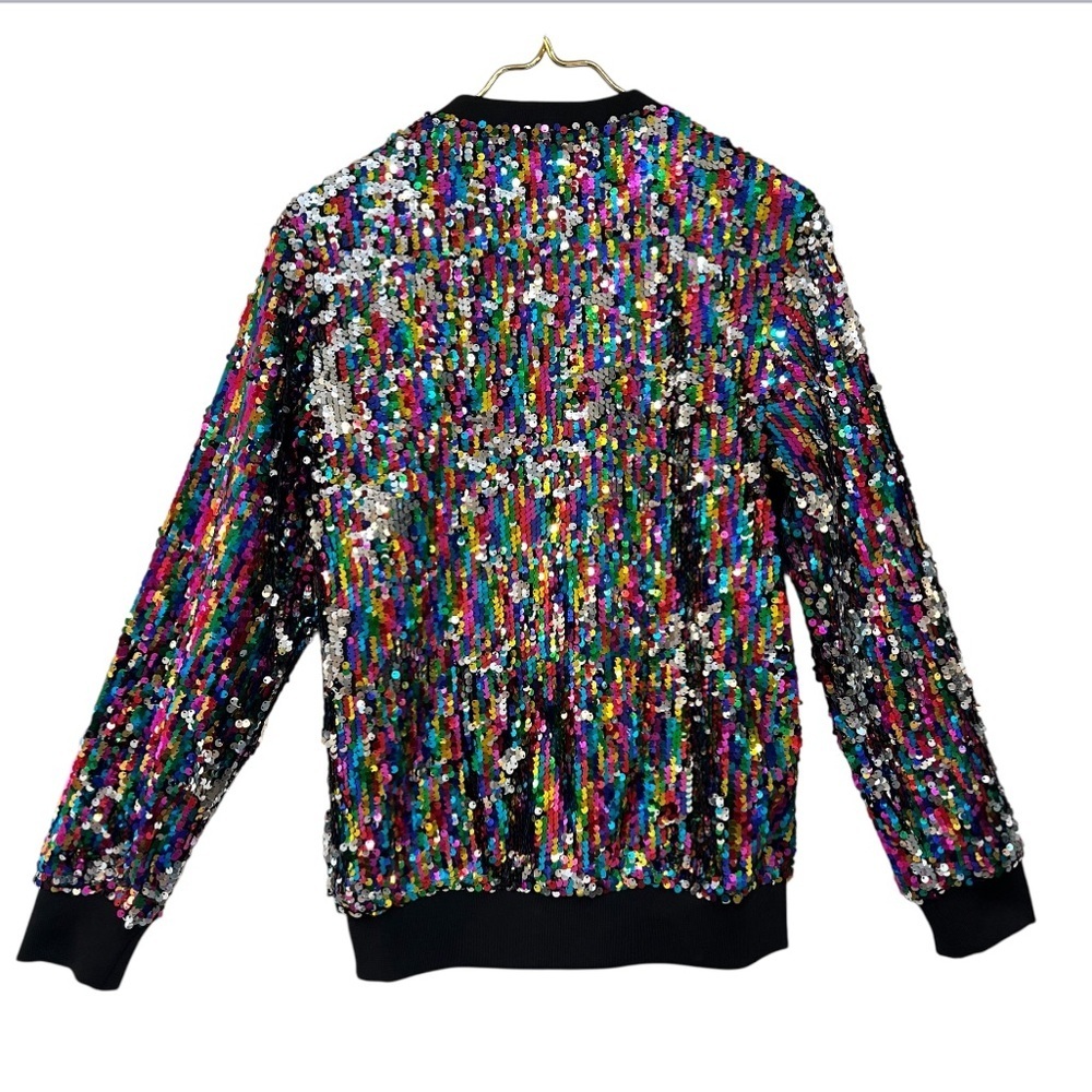 Cresay Multicolor & Silver Sequin Ribbed Trim Zip Front Bomber Jacket NWT - Picture 5 of 9